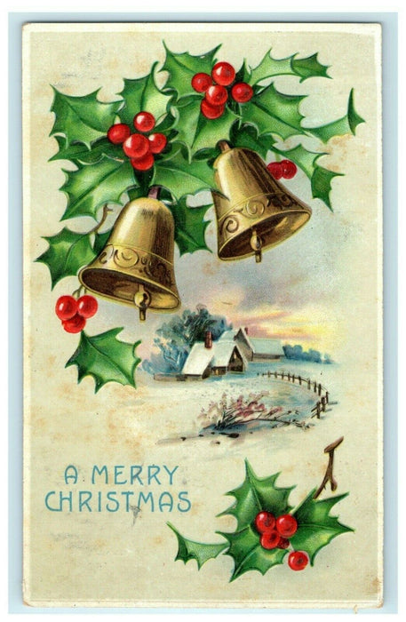 Antique 1910's Christmas Holly Bells Village Cottage Germany Embossed Postcard