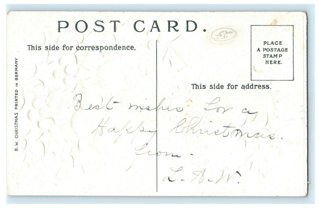 Antique 1910's Christmas Holly Bells Village Cottage Germany Embossed Postcard