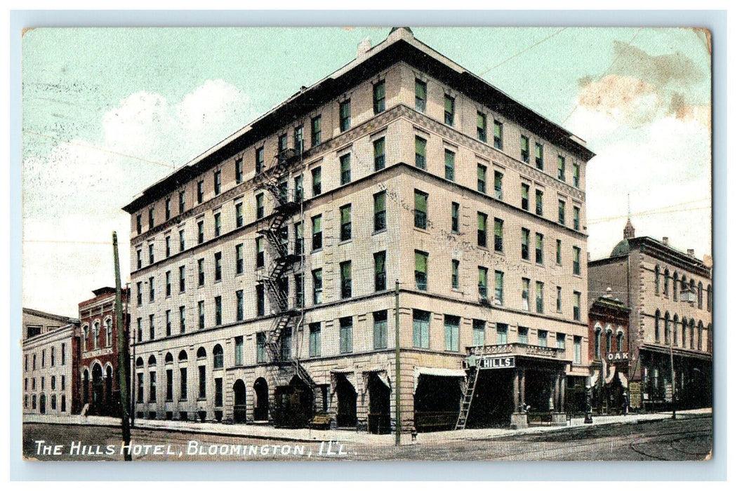1909 The Hills Hotel, Bloominton Illinois IL Antique Posted Postcard