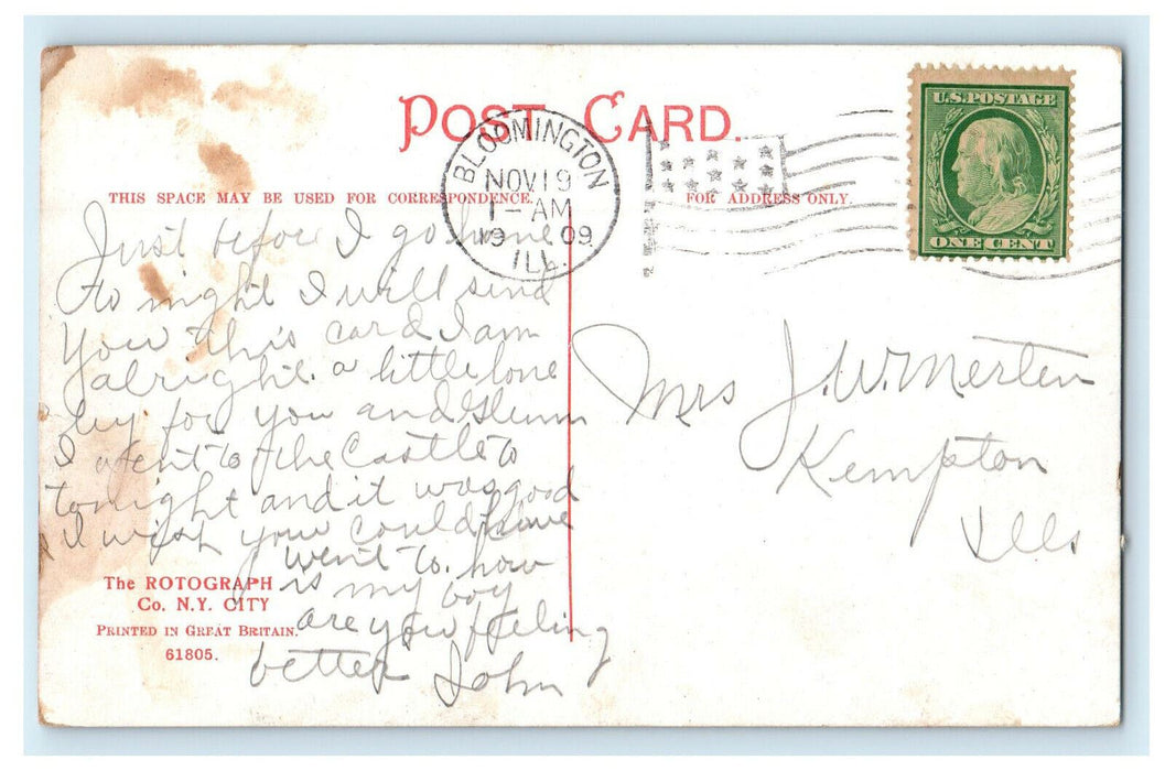 1909 The Hills Hotel, Bloominton Illinois IL Antique Posted Postcard