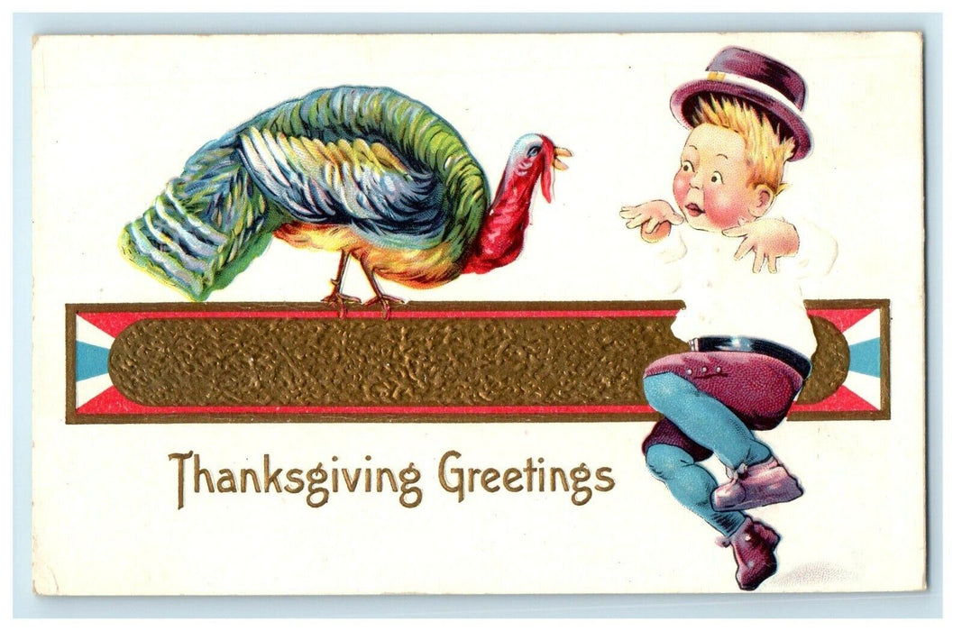 c1910's Thanksgiving Greetings Turkey Scared Boy Embossed Funny Postcard