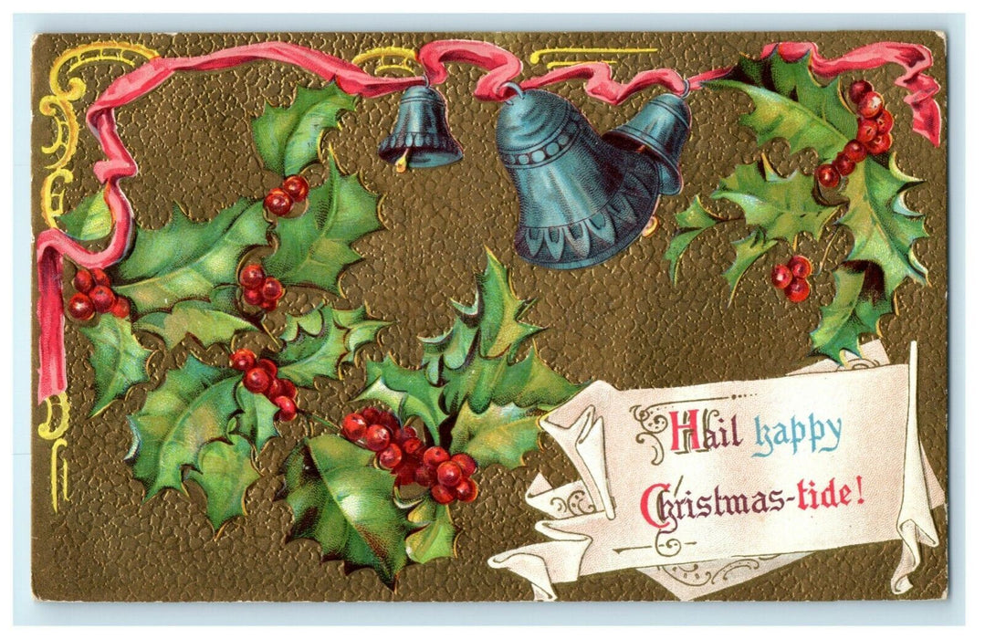 Antique 1910's Christmas Holy Bells Gold Sunbury PA Embossed Postcard