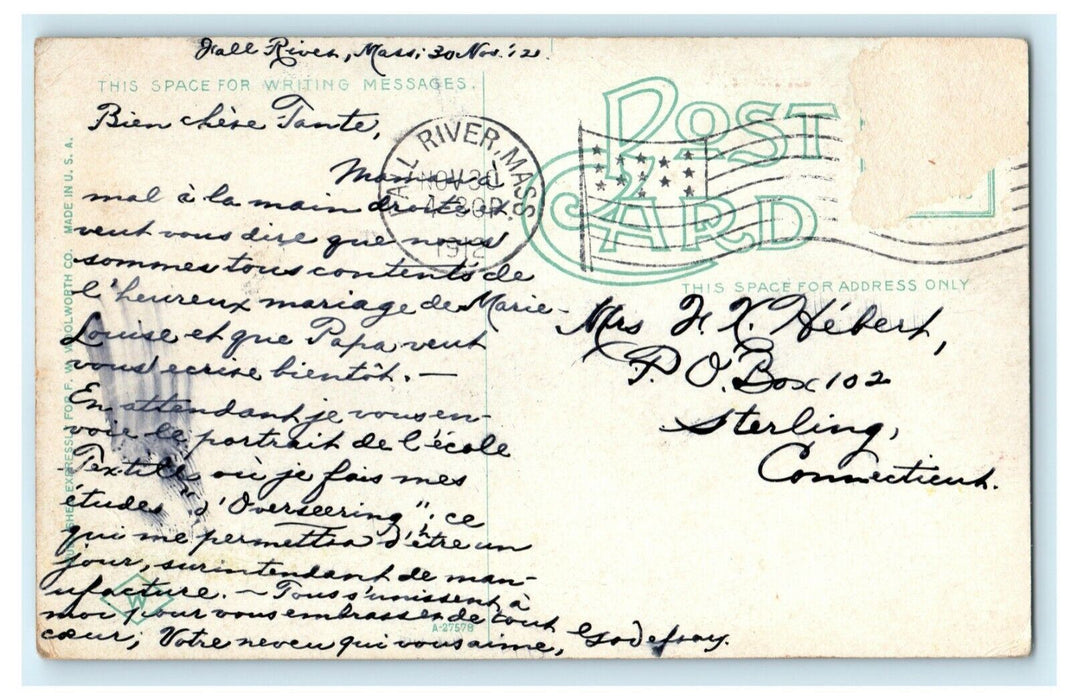 1912 Public Library Fall River Massachusetts MA Posted Antique Postcard
