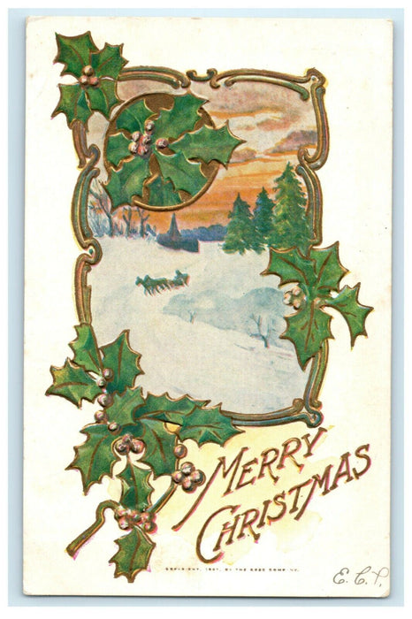 Antique 1910's Christmas Holly Horse Carriage Myerstown PA Embossed Postcard