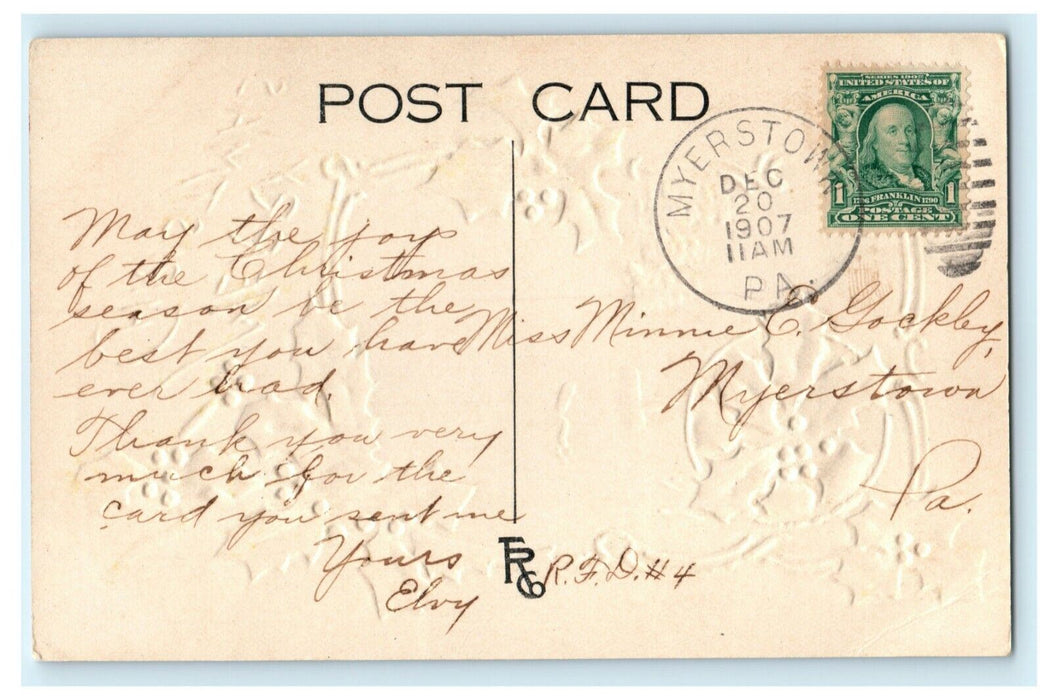 Antique 1910's Christmas Holly Horse Carriage Myerstown PA Embossed Postcard