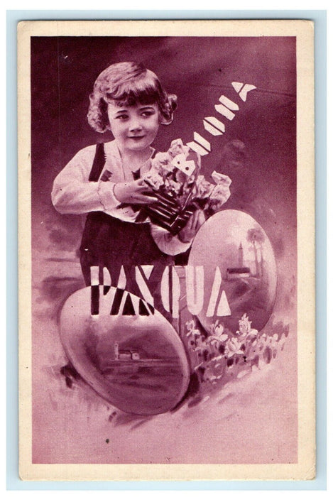 c1910 Pasqua Buona "Happy Easter" Cute Girl Curly Hair Studio Portrait Postcard