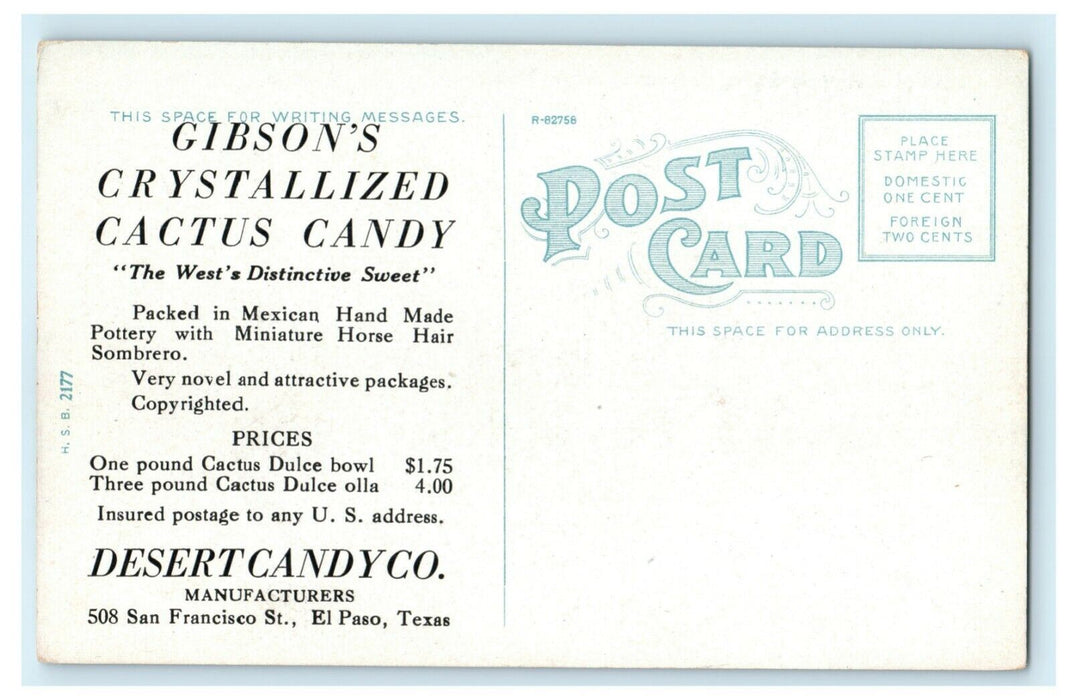 c1910 Gibon's Crystallized Cactus Candy Advertising El Paso Texas TX Postcard