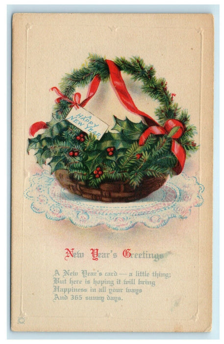 Antique 1920's Christmas Holly Basket New Year Poem Vintage Postcard