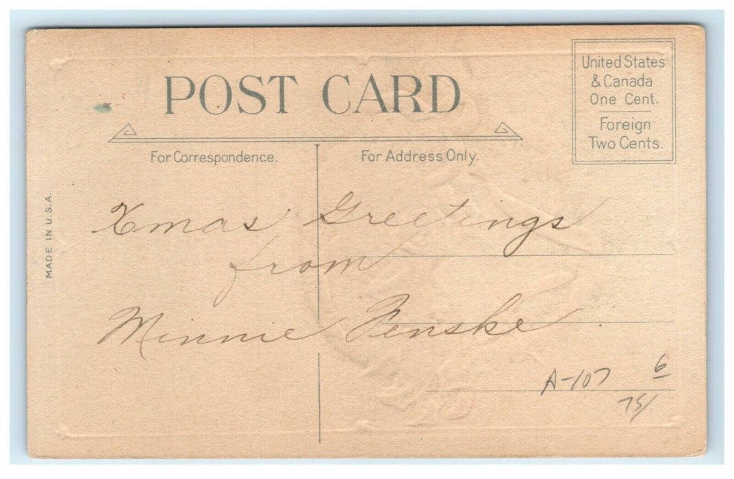 Antique 1920's Christmas Holly Basket New Year Poem Vintage Postcard