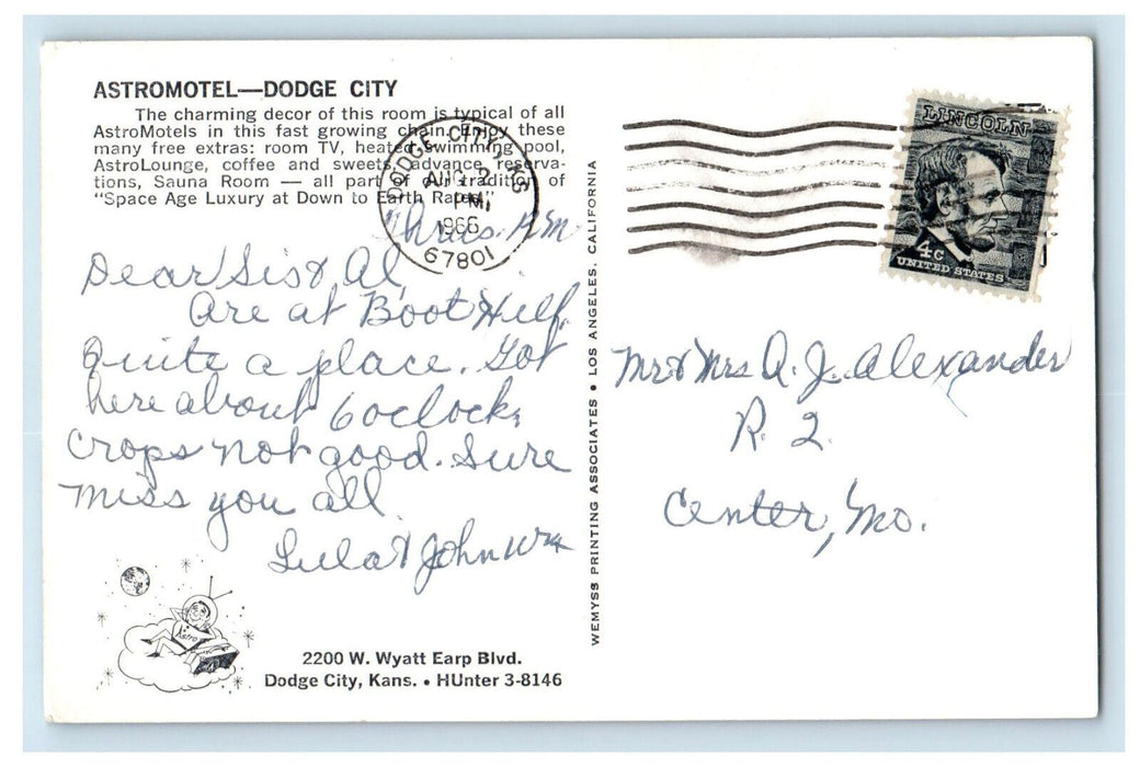 1966 Room View, Astromotel Dodge City Kansas KS Posted Vintage Postcard