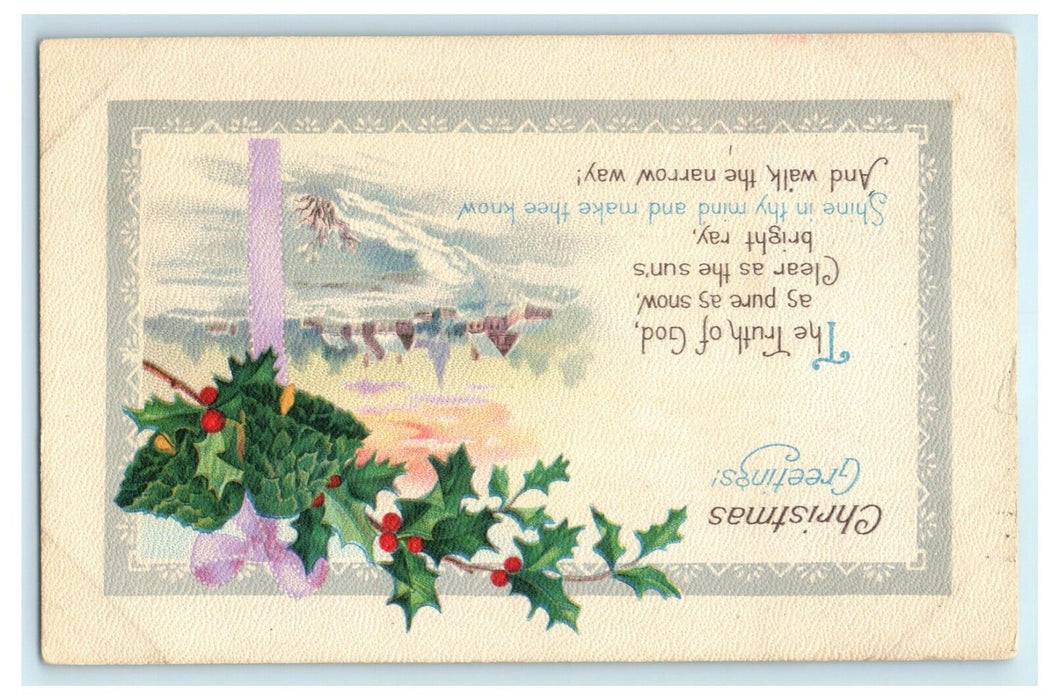 Antique 1920's Christmas Holly Bells Village Poem Church Postcard