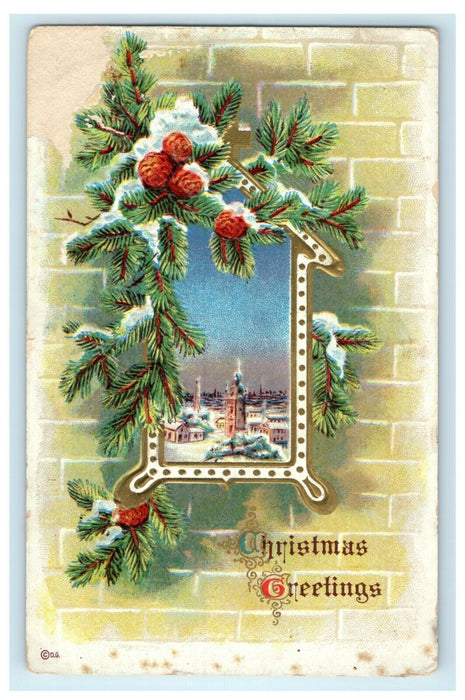 Antique 1910's Christmas Goldie Pinecones Pine Bricks Embossed Postcard