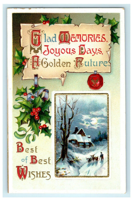 Antique 1910's Christmas Poem Village Holly Clapsaddle Embossed Postcard