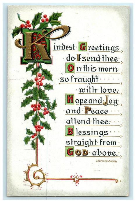 Antique 1910's Christmas Holly Jersey Shore PA Poem Embossed Postcard