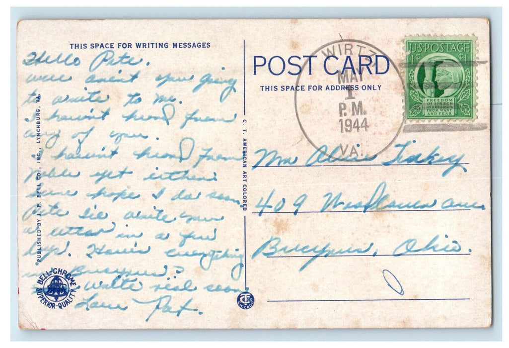 1944 Hotel Patrick Henry, Roanoke Virginia VA Wirtz VA Antique Postcard