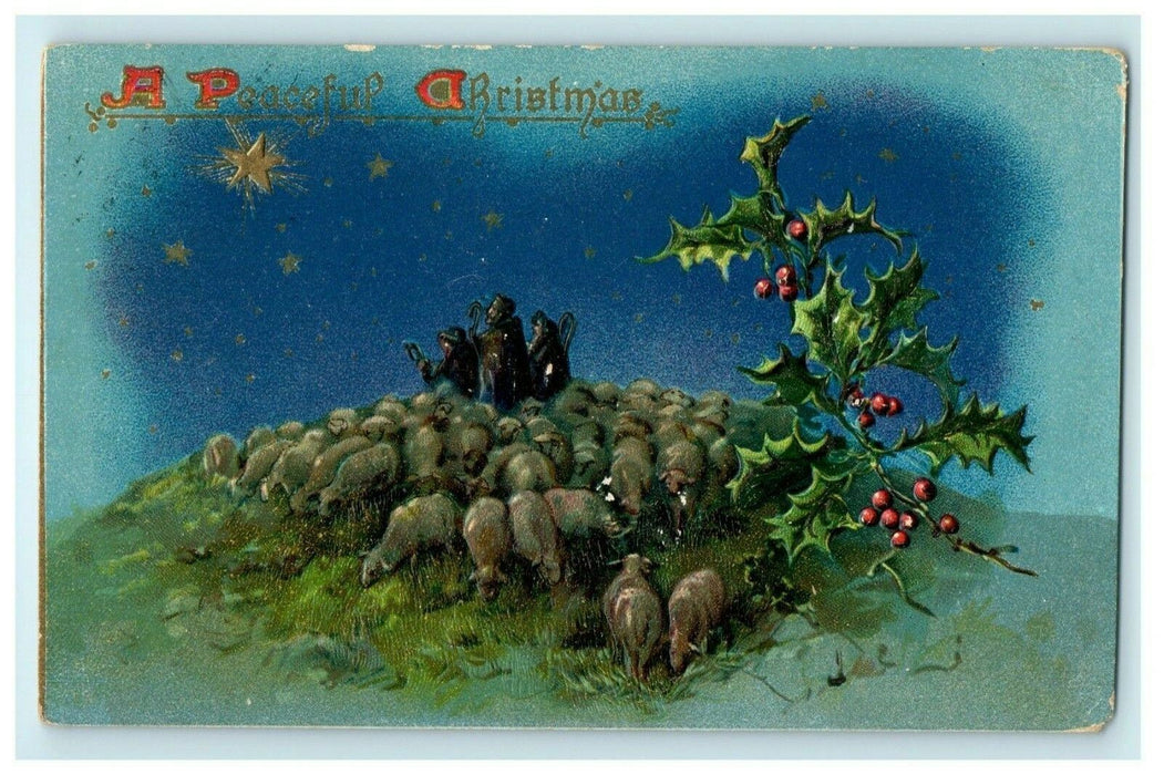 Antique 1910's Christmas Manger Sheep Holly Stars Tuck Embossed Postcard