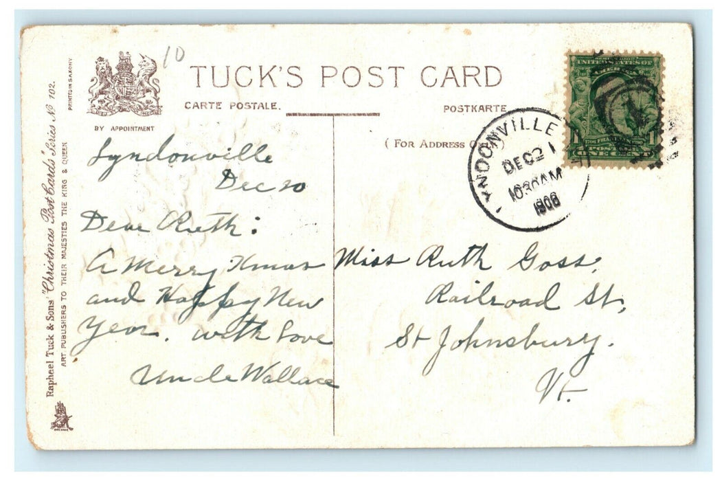 Antique 1910's Christmas Manger Sheep Holly Stars Tuck Embossed Postcard