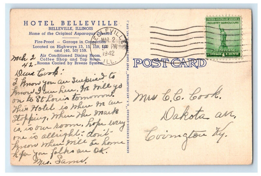 1942 Hotel Belleville Building Cars Street View Belleville Illinois IL Postcard