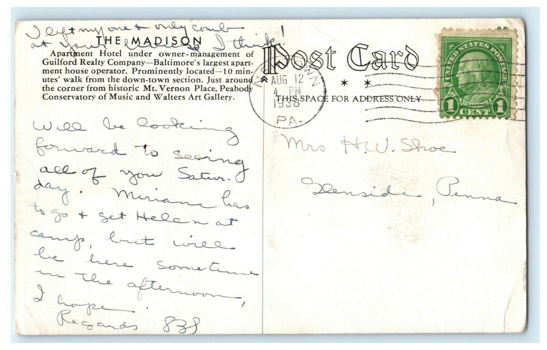 1938 The Madison Apartment Hotel Baltimore Maryland MD Newtown PA Postcard