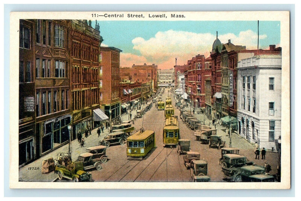 c1910 View Of Central Street Trolley Train Cars Lowell Massachusetts MA Postcard