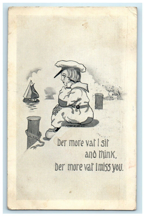 1913 Dutch Girl Sitting At Shore Sea Sailboat Antique Postcard