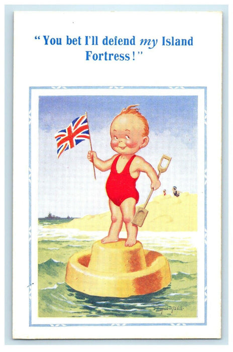 c1917 Little Boy Swimsuit Flag Donald McGill UK Patriotic Signed Postcard