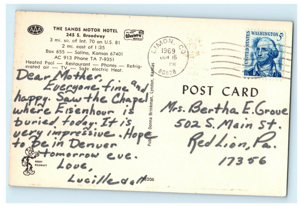 1969 The Sands Motor Hotel Salina Kansas KS Limon Colorado CO Postcard