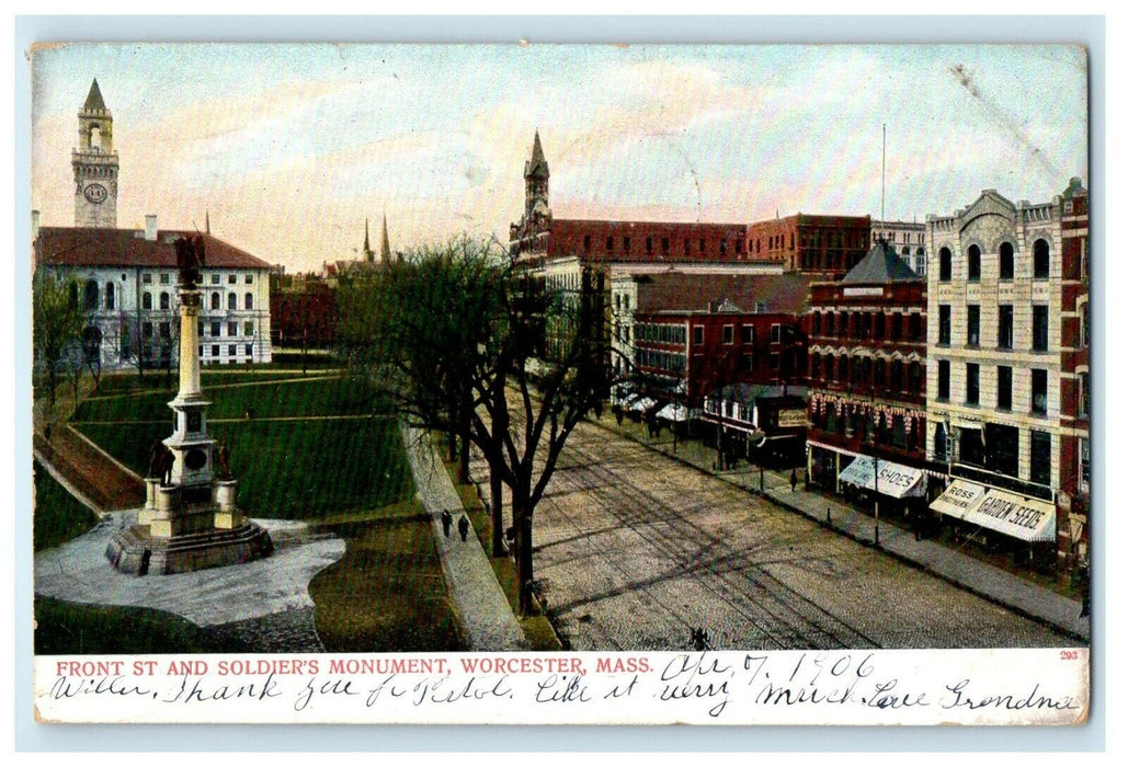1906 Front St. and Soldiers Monument, Worcester Massachusetts MA Postcard