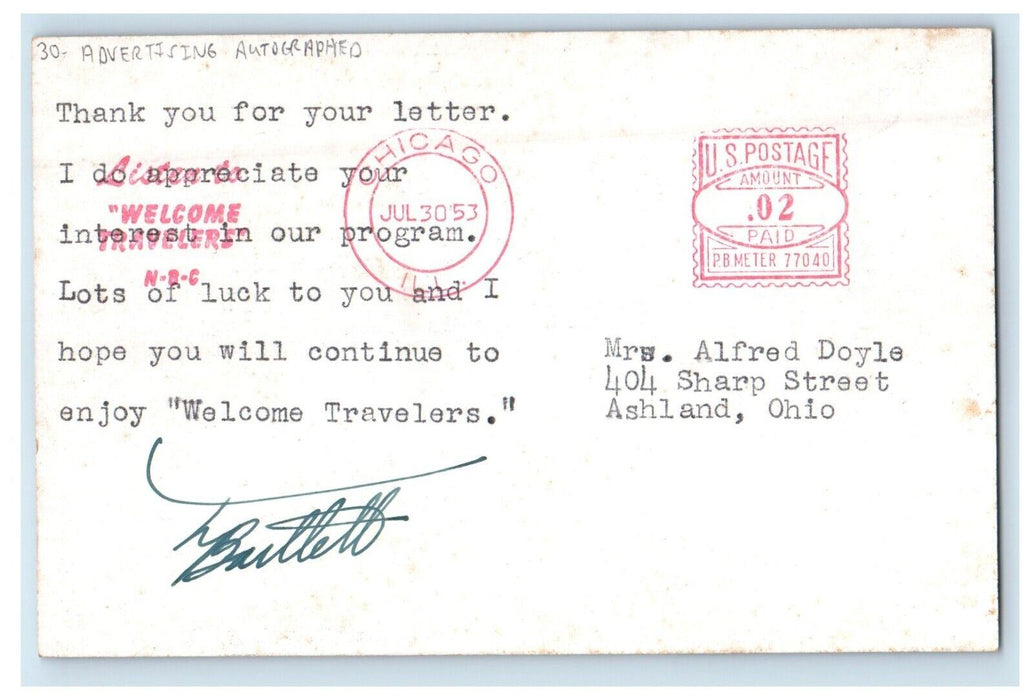 Tommy Bartlett Radio Television NBC Chicago IL, Autographed Advertising Postcard