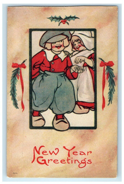 1916 New Year Greetings Dutch Couple Pines Ribbon Holly Berries Postcard