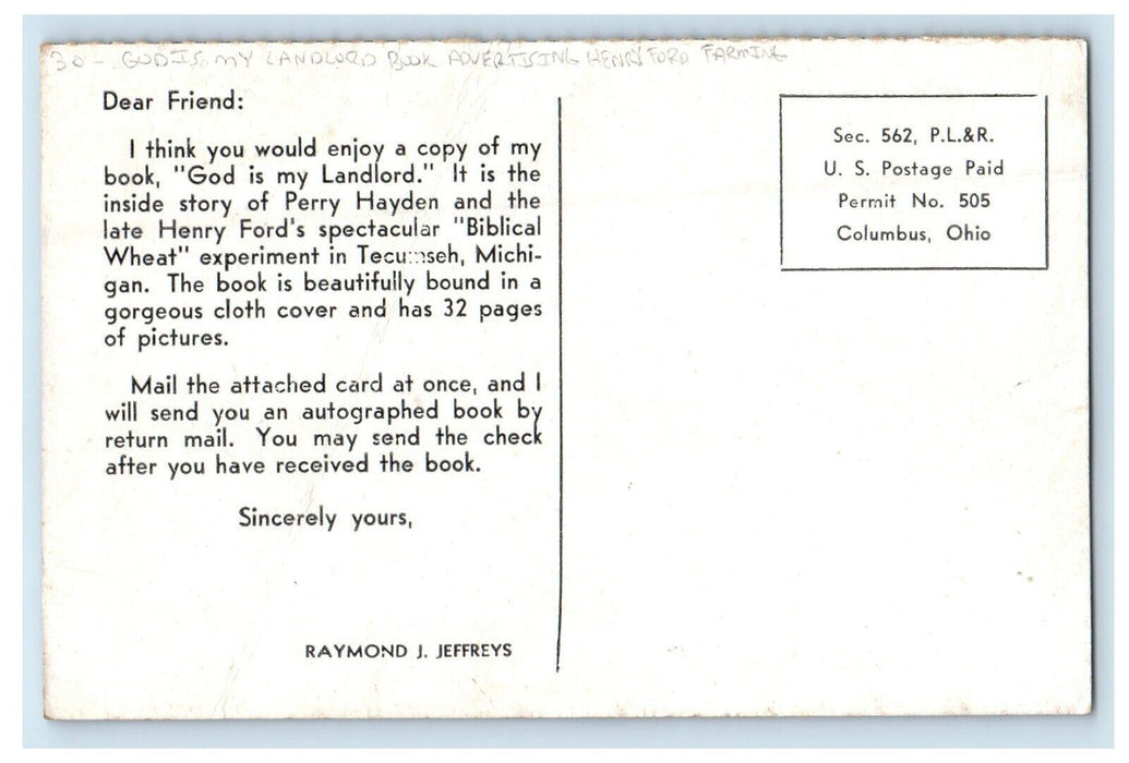 God Is My Landlord Book Advertising Henry Ford Farming Unposted Postcard