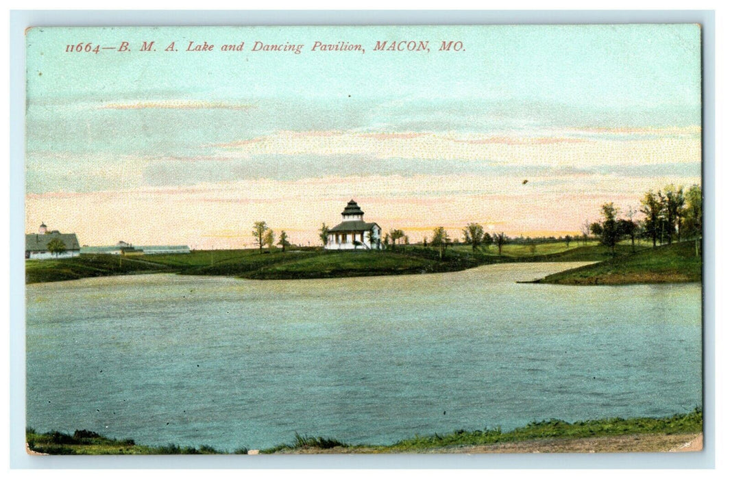 1908 BMA Lake Dancing Pavilion Macon Missouri MO RPO Cancel Postcard