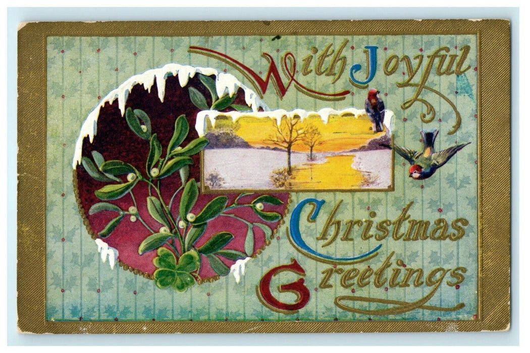 Antique 1910's Christmas Song Birds Missletoe Gold Icicles Embossed Postcard