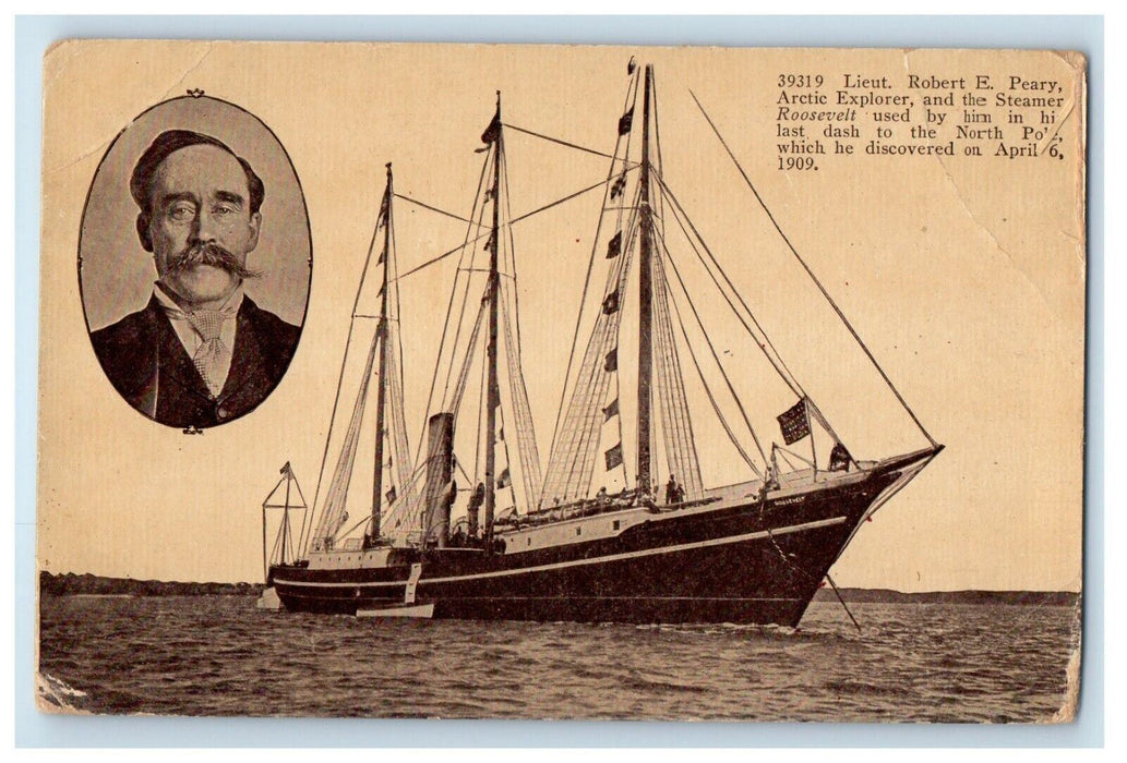 1909 Lieut. Robert E. Peary Arctic Explorer Steamer Roosevelt Unposted Postcard