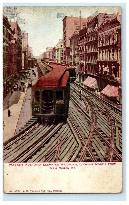 c1910's Wabash Ave. Elevated Railroad Train Looking North Van Buren St. Postcard