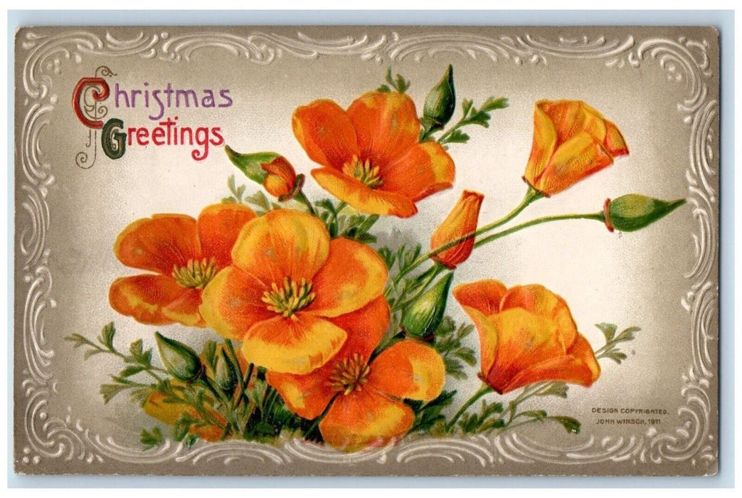 1911 Christmas Greetings Orange Flowers John Winsch Artist Signed Postcard