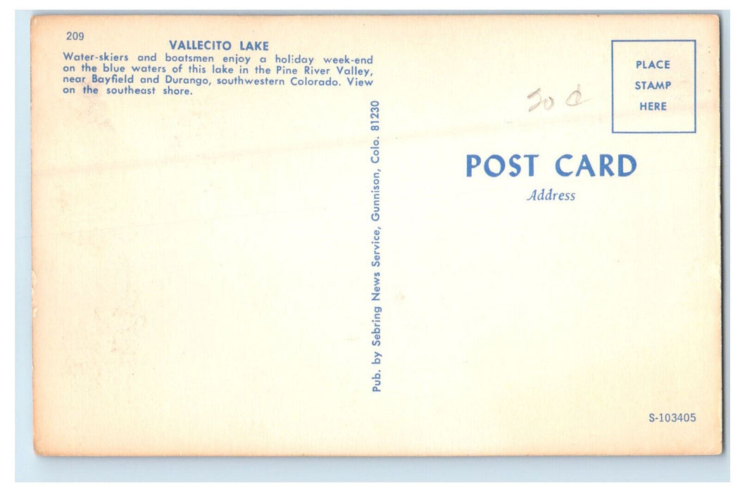 c1950s Vallecito Lake, Water-Skiers and Boatmen Pine River Valley CO Postcard