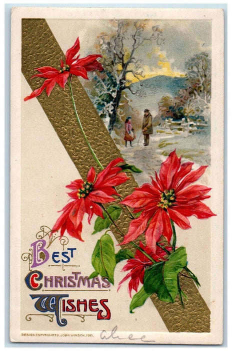 Christmas Greetings Poinsettia Flowers John Winsch Artist Signed Postcard