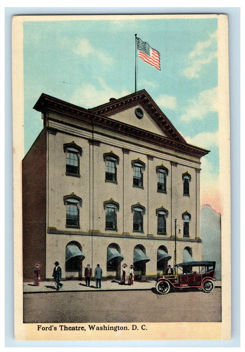c1940 US Flag, Car Scene, Ford's Theatre Washington DC Unposted Antique Postcard