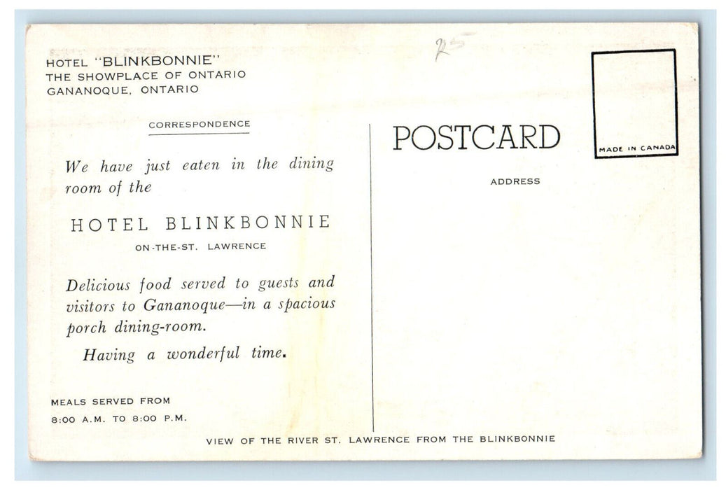 c1940s Hotel "Blinkbonnie" The Showplace of Ontario Gananoque Canada Postcard