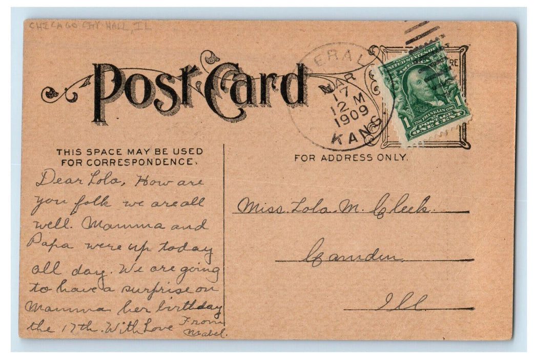 1909 City Hall and Court House Chicago Illinois IL Antique Posted Postcard