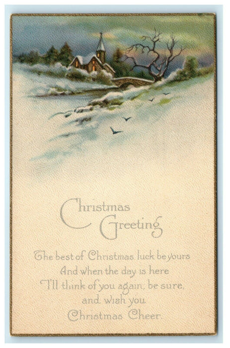 Antique 1920's Christmas Gold Border Church Winter Scene Poem Postcard