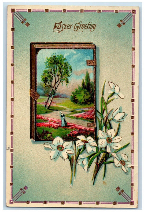 c1910's Easter Greeting Woman Picking Flowers Gel Gold Gilt Embossed Postcard