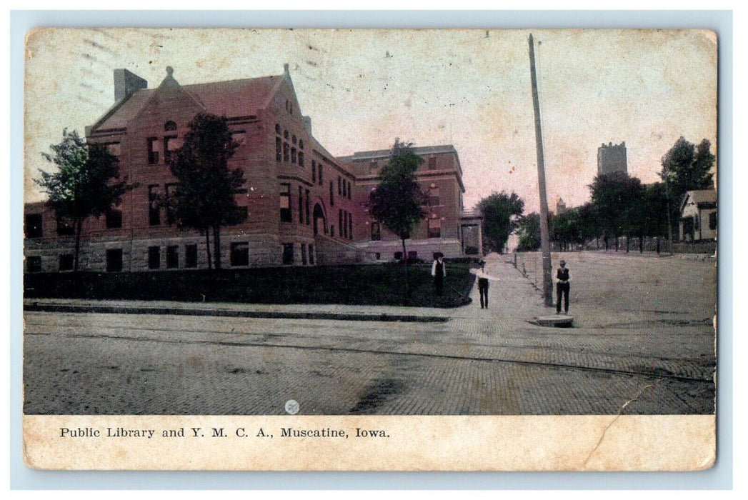 1908 Public Library and Y.M.C.A. Muscatine Iowa IA Antique Posted Postcard
