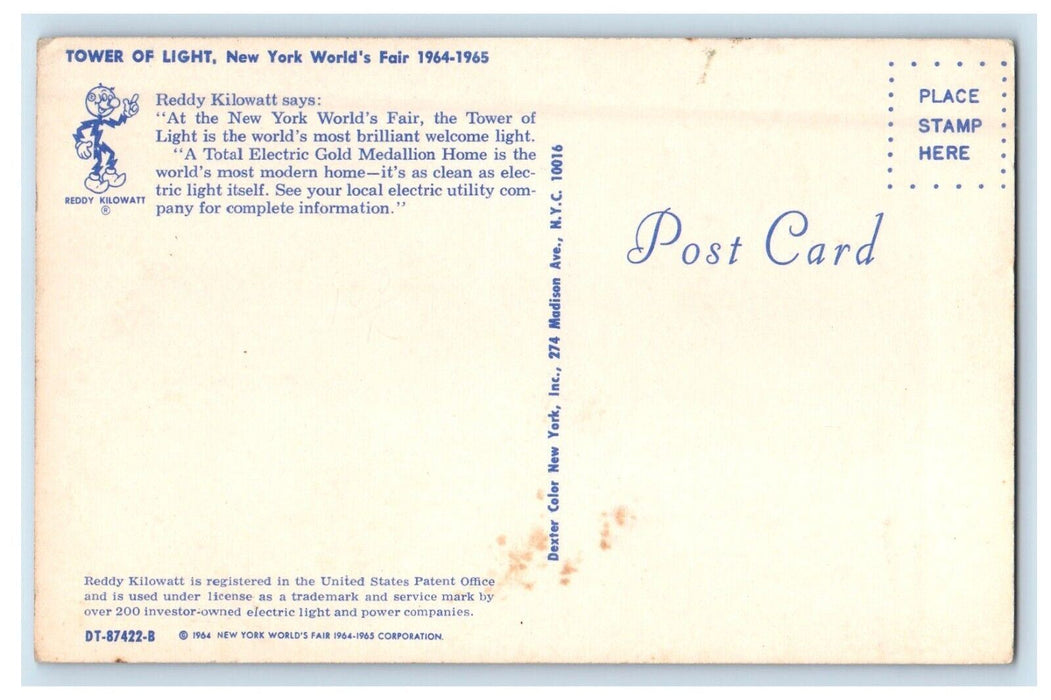 New York NY, Total Electric Gold Medallion Tower Of Light World's Fair Postcard