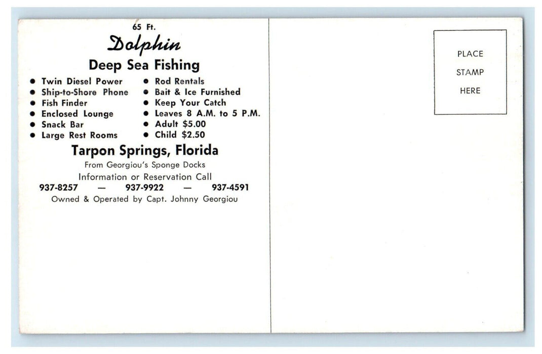 Deep Sea Fishing Dolphin Boat Tarpon Springs Florida FL Advertising Postcard