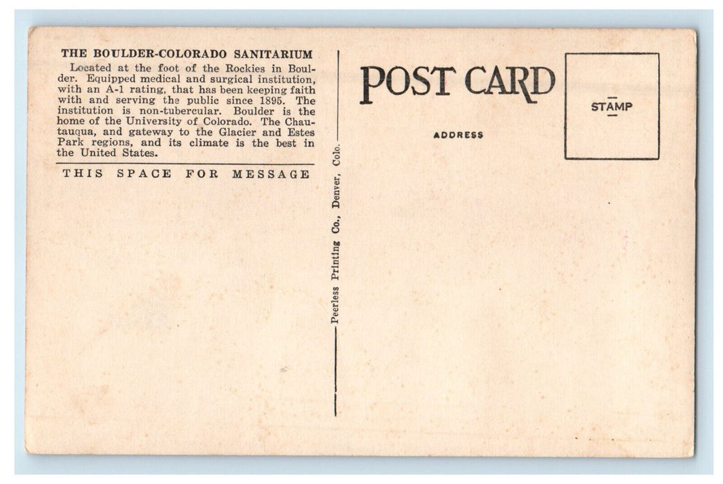 c1920s Partial View of Main Building and Campus, Sanitarium, Boulder CO Postcard
