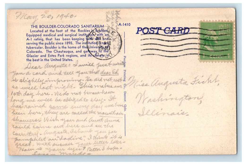 1940 Front View of Main Building of Boulder Colorado Sanitarium CO Postcard