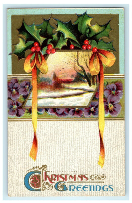 Antique 1910's Christmas Holly Ribbon Flowers Art Deco Embossed Postcard