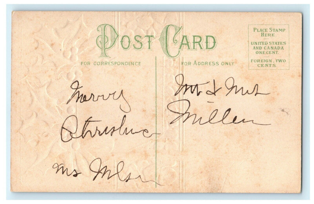 Antique 1910's Christmas Holly Ribbon Flowers Art Deco Embossed Postcard